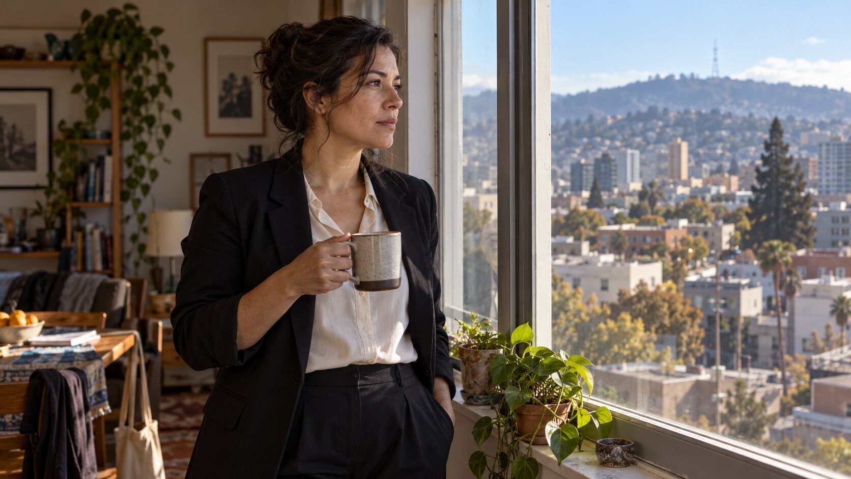 Woman standing at her Oakland apartment window with coffee on a weekday morning while on administrative leave after a student accusation